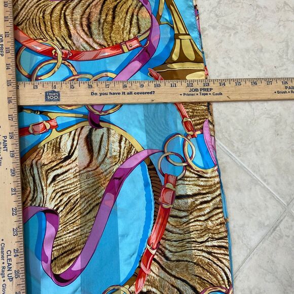 100% Silk Scarf Blue brown Equestrian Horse Bits Chain Print multifunctional - Picture 8 of 10